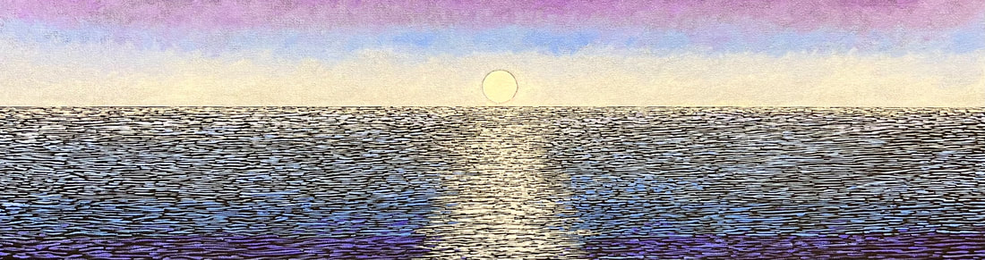 painting of a sea at sunset. Beautiful golden yellow and purple colors